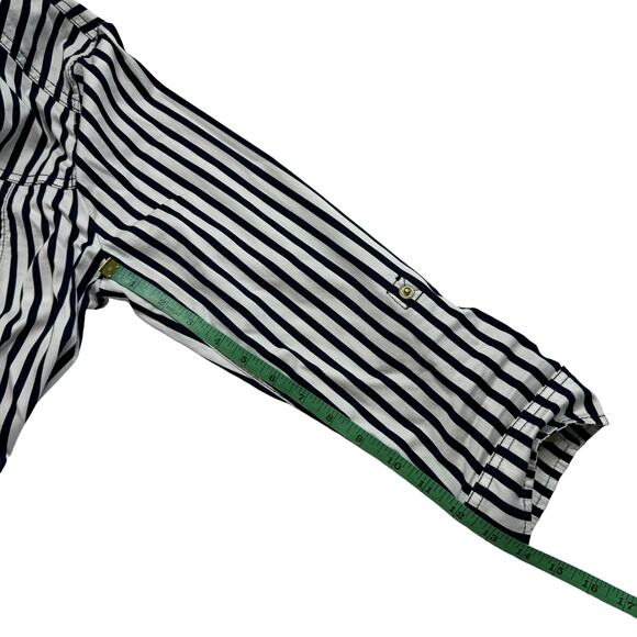 CHICOS Blue White Stripe Sateen Cotton Crochet Jacket Size Small (0) Gold Button - Picture 11 of 11